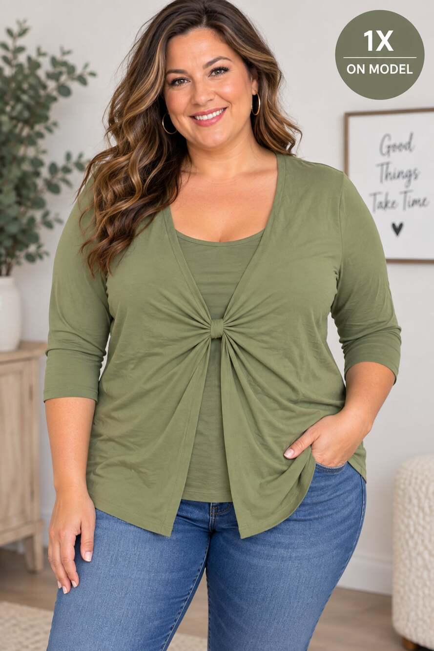 Gloria Vanderbilt 3/4 Sleeve Twist Knot Top Size 1X Olive Green Cotton